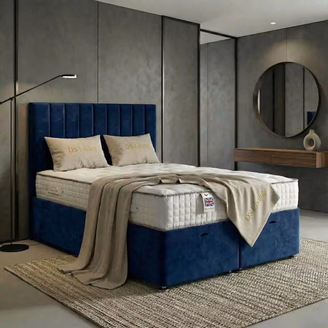 DS Living Aether Modern Upholstered Velvet Divan Bed with Drawers in Blue, W/D/H: 140 x 200 cm – 1