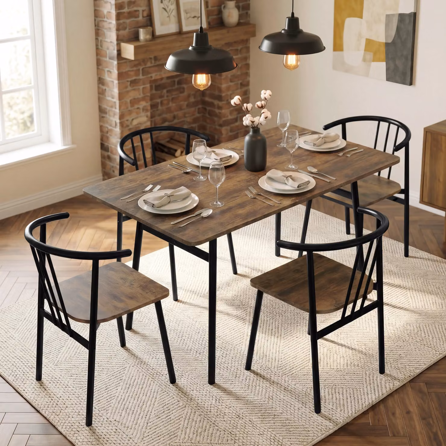 DHS Torvi Industrial Rustic Dining Table and 4 Chairs Set in Black and Brown with Metal Frame and MDF W/D/H: 110 x 70 x 110 cm
