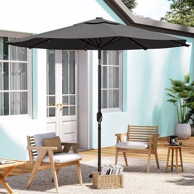 Kidkid Garden Parasol with Crank and 24 Solar Lights in Grey Polyester