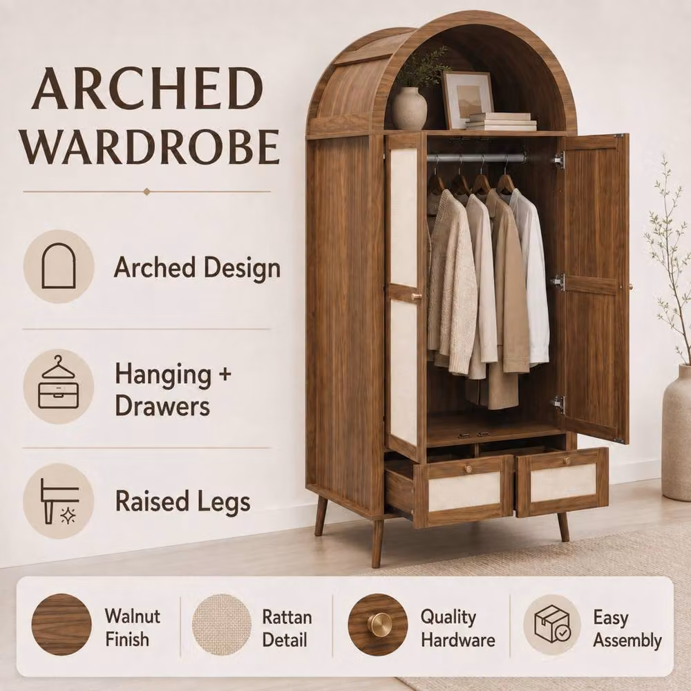 Matteo Arched Double Wardrobe in Walnut and Rattan-Effect with 2 Doors and 2 Drawers, H 180 cm x W 55 cm x D 55 cm – 6
