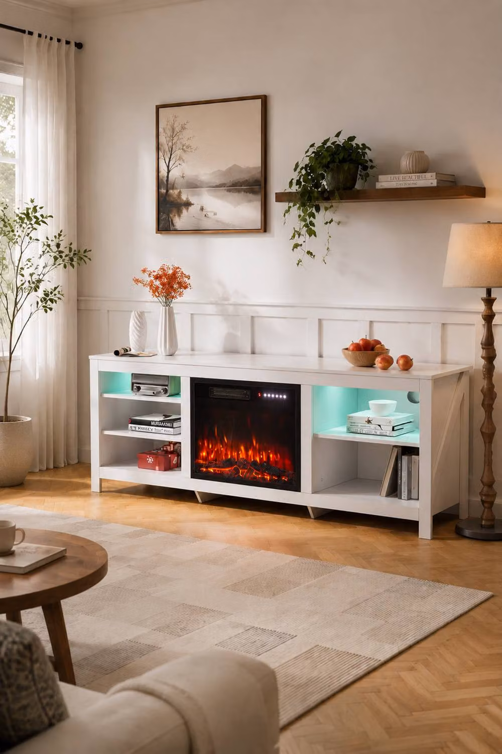 Living and Home White Electric Fireplace TV Stand with Remote and 12 Flame Colours – 2