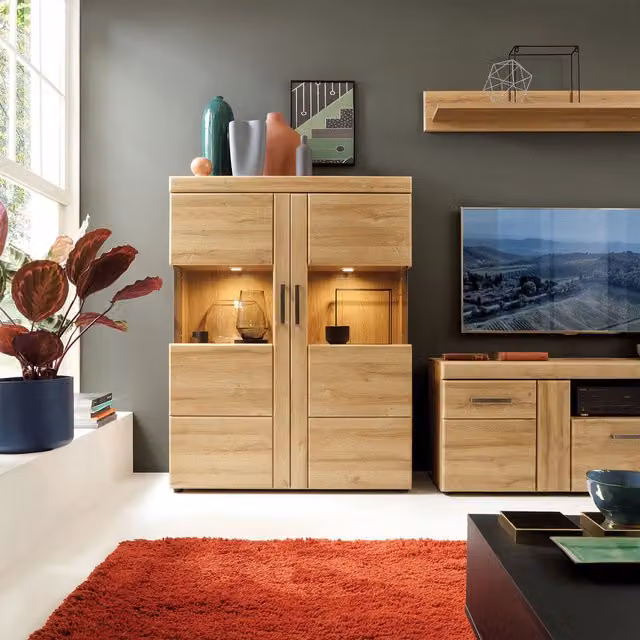 Furniture To Go Cortina Low Wide 2-Door Display Cabinet in Brown with Glass Doors