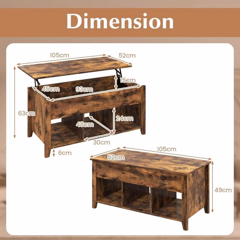 Kelvenix Brown Wood Lift Up Coffee Table with Rising Tabletop – 2