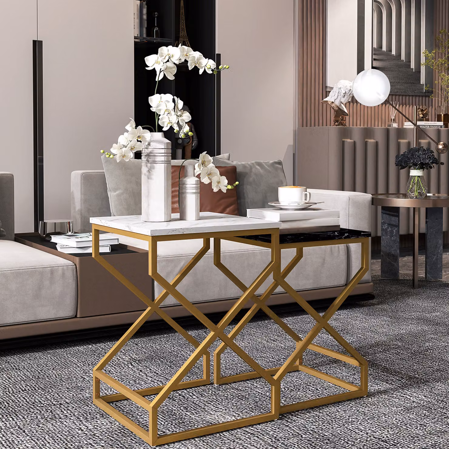 HOMCOM Set of Two Modern Square Nesting Tables with Marble-Effect Glossy Tops and Gold Metal X-Frame – 6