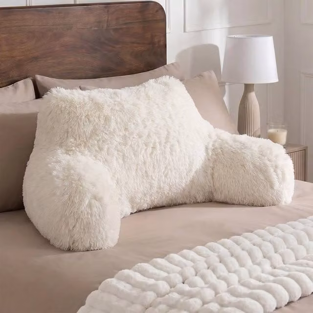 OHS Fluffy Fleece Reading Cushion Pillow with Arms and Lumbar Support in Ivory/Beige
