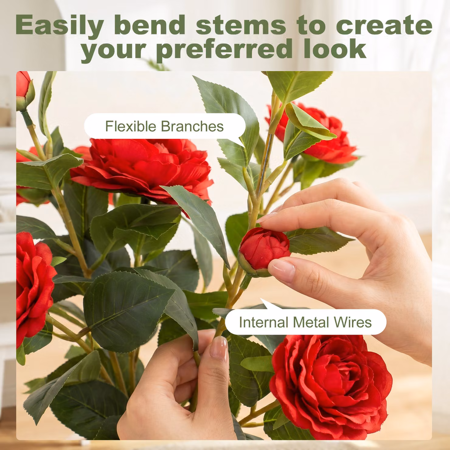 HOMCOM Red Artificial Camellia Flower Plant in Pot with 116 Leaves and Moss Effect, Height: 65 cm – 5