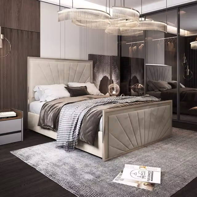 KDMD Roxy Double Bed Frame in Beige Velvet and Metal, W/D/H: 140 x 200 cm