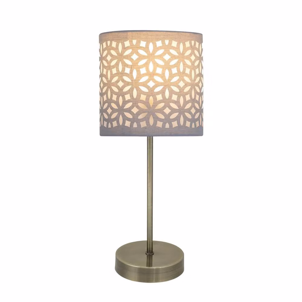 First Choice Lighting Antique Brass Stick Table Lamp with Grey Laser Cut Fabric Shade in Bronze – 2