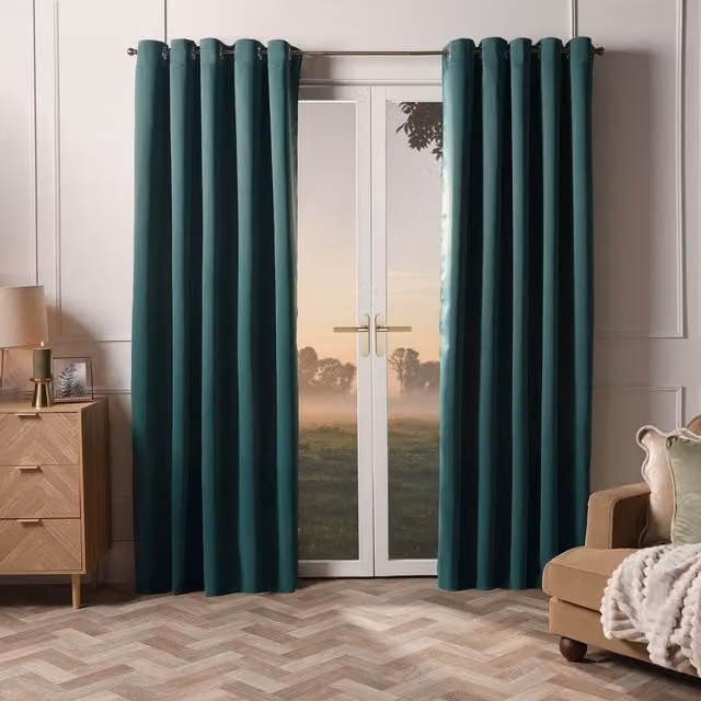 OHS Pair of Thermal Ready Made Eyelet Blackout Curtains in Green, Width: 228 cm, Drop: 228 cm