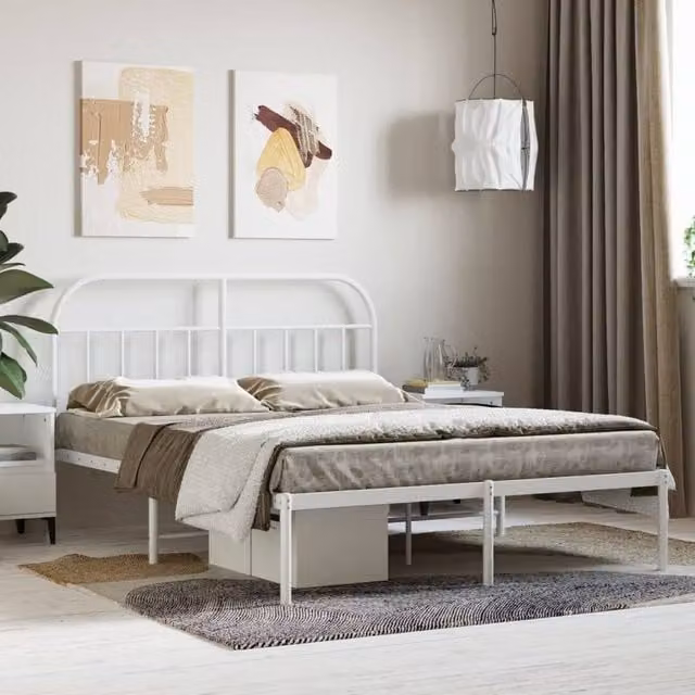 Berkfield Home Metal Bed Frame with Headboard in White, W/D/H: 150 x 200 cm