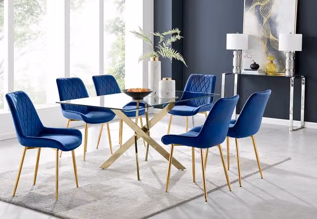 FurnitureboxUK Leonardo Gold Dining Table and Six Pesaro Gold Leg Chairs in Navy and Gold