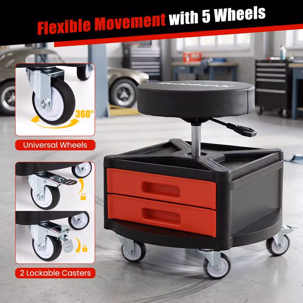 Gymax Rolling Mechanic Stool with Cushioned Seat in Red – 7