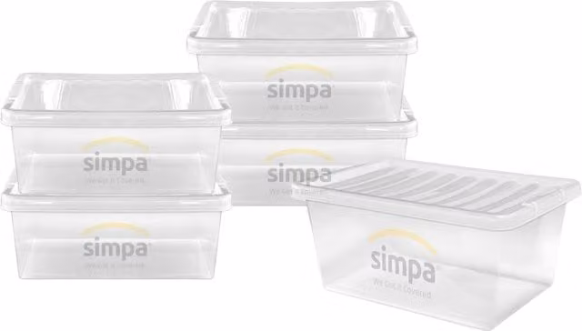 Simpa Set of 5 Stackable Plastic Storage Boxes with Lids, 45L, Transparent