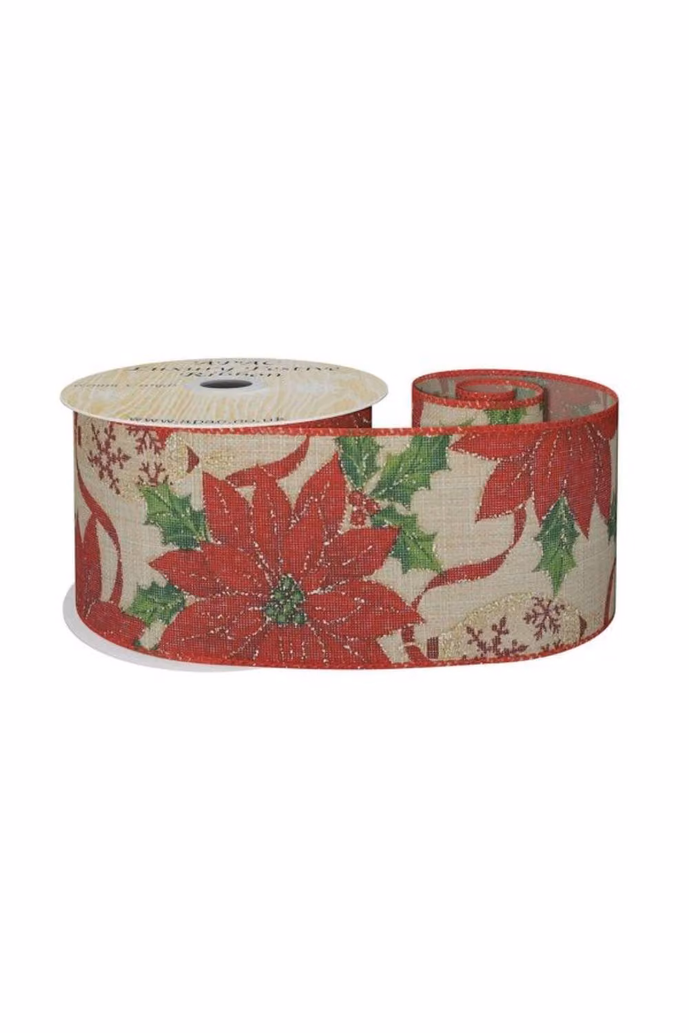 KDMD Natural Wired Ribbon with Red Poinsettia, Width: 6.3 cm, Length: 10 yards – 2