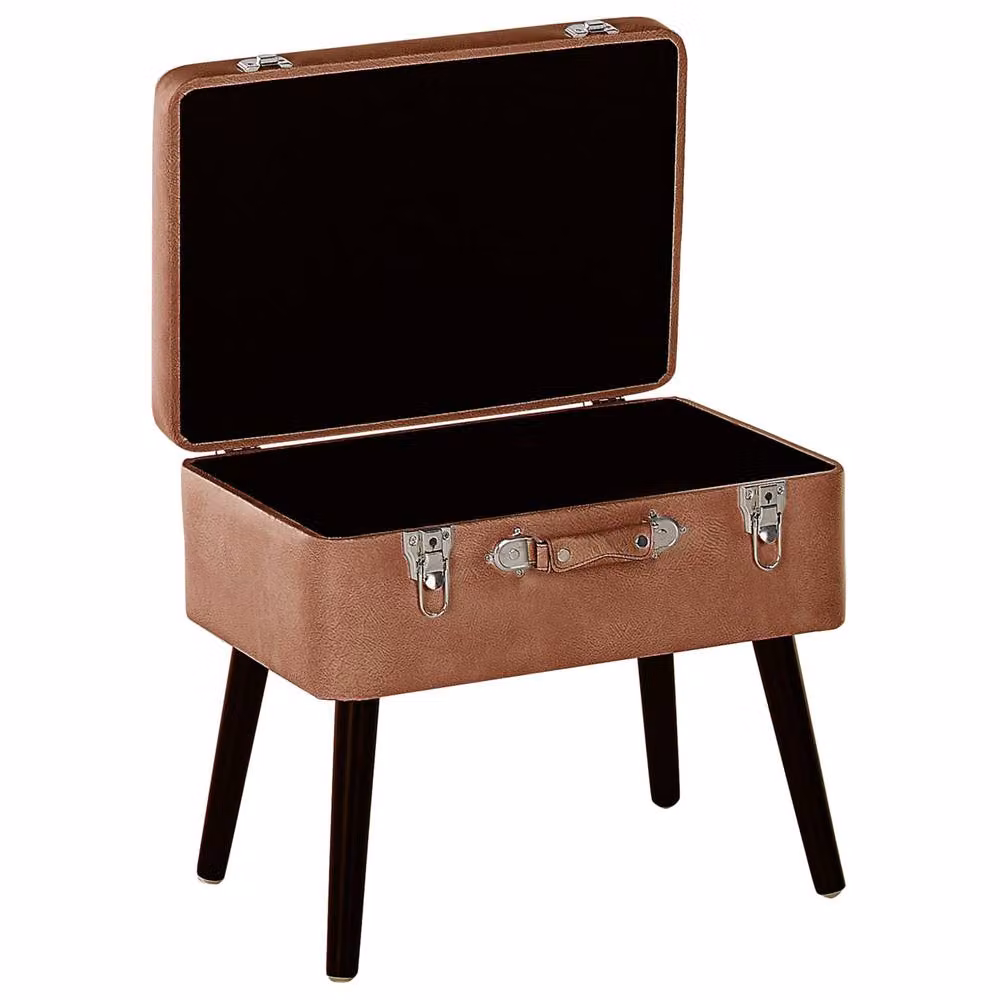 Wyld and Coco Buttoned Storage Stool in Brown Faux Leather with Vintage Suitcase Design, W/D/H: 46 x 36 x 52 cm – 4