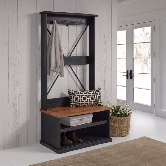 Mercers Furniture Cottage Hall Tree with Bench and Coat Hooks in Black Pine Wood