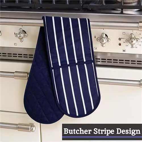 Premier Housewares Blue and White Striped Cotton Double Oven Gloves – 6