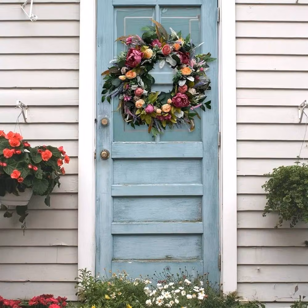 FLAVORA Pink and Multicolour Artificial Peony Flower Front Door Wreath, Diameter: 45 cm – 4