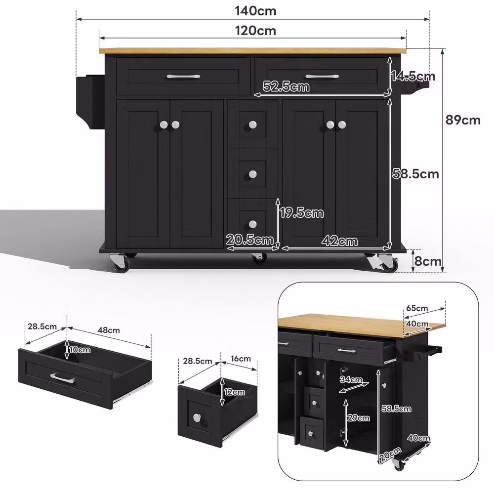 Matteo Black and Natural Kitchen Island Trolley with Foldable Top and Storage, W/D/H: 120 x 40 x 89 cm – 6