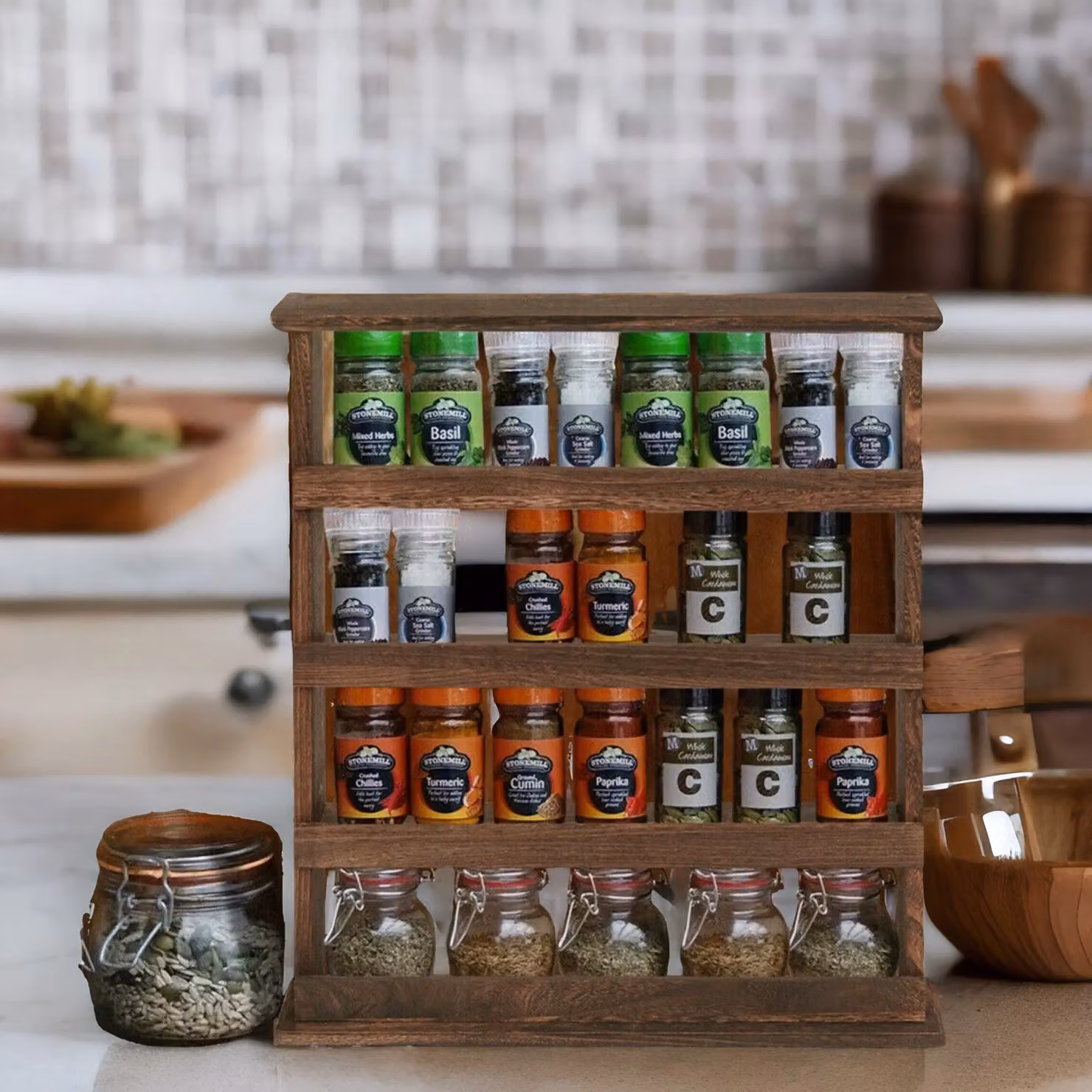 Pirlo Plush 5 Tier Rustic Wooden Spice Rack in Brown, Wall Mounted or Countertop Kitchen Organiser – 2