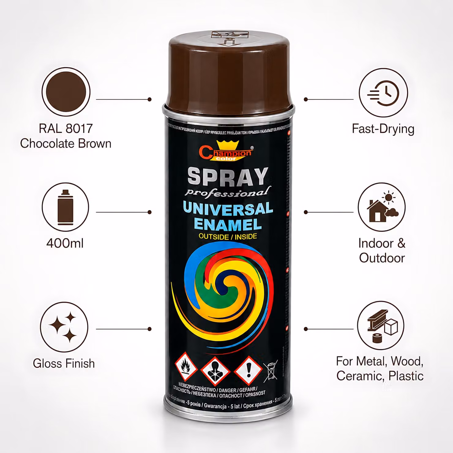 Sola Universal Multi-Surface High Gloss Spray Paint, RAL 8017 Choco Brown, 2 x 400ml – 2