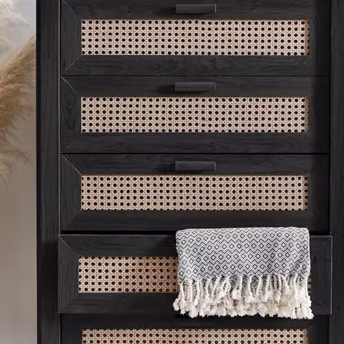 Julian Bowen Sydney 5 Drawer Chest of Drawers in Black with Rattan Detail, H: 114 cm, W: 80 cm, D: 41 cm – 3
