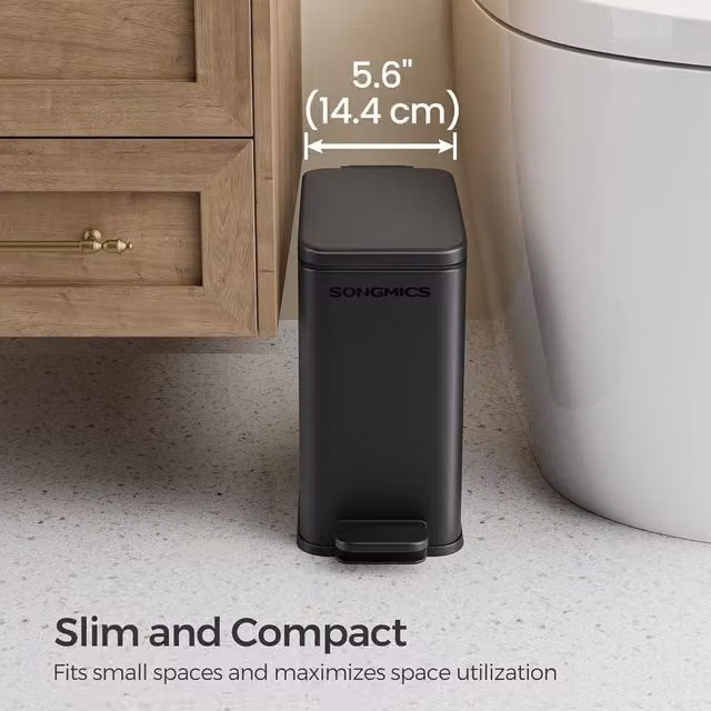 SONGMICS Small Steel Pedal Bathroom Bin with Soft Close Lid and Removable Inner Bucket, Black