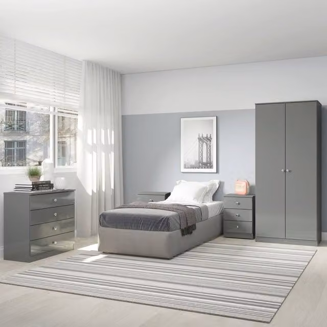 Seconique Denver Modern Grey Gloss Bedroom Set with Wardrobe, Chest of Drawers and Nightstand – 3