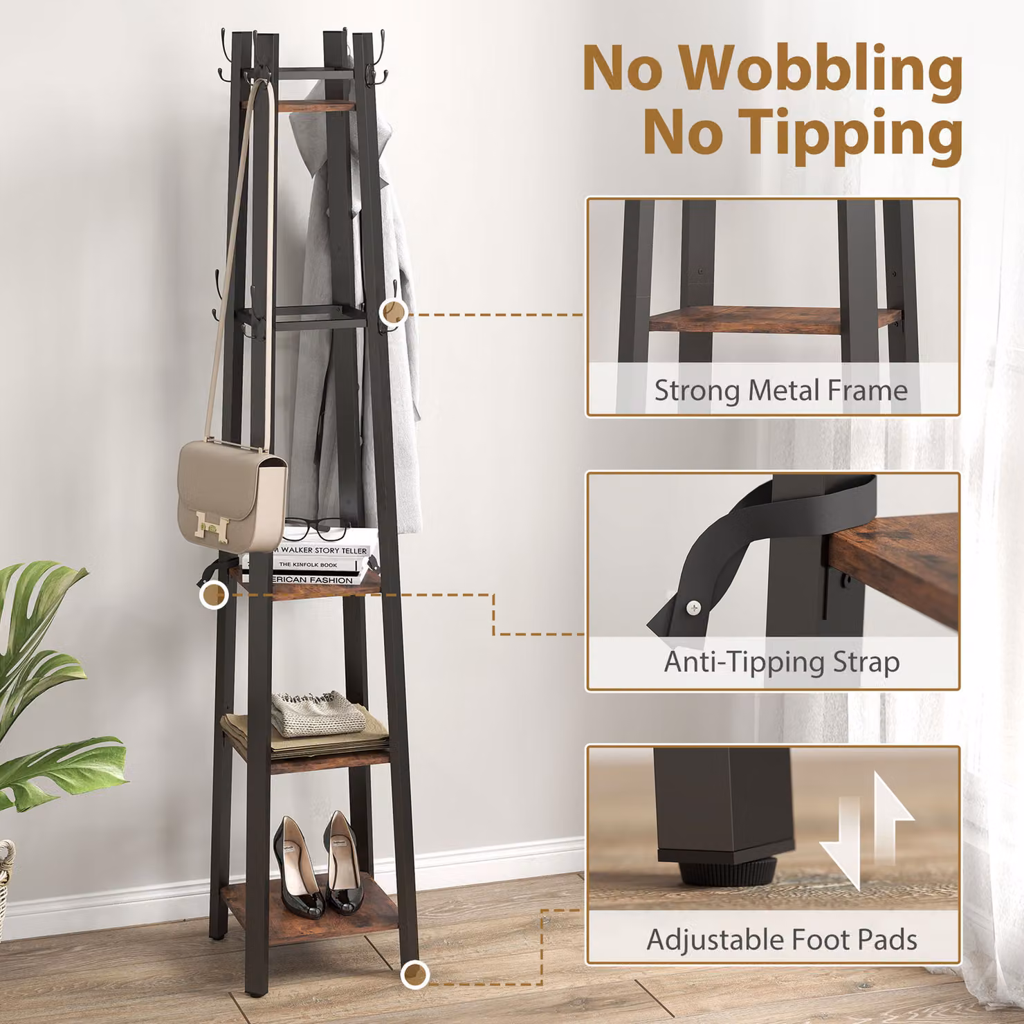HOMCOM Industrial Coat Stand with 8 Hooks and 4 Shelves in Rustic Brown and Black – 5