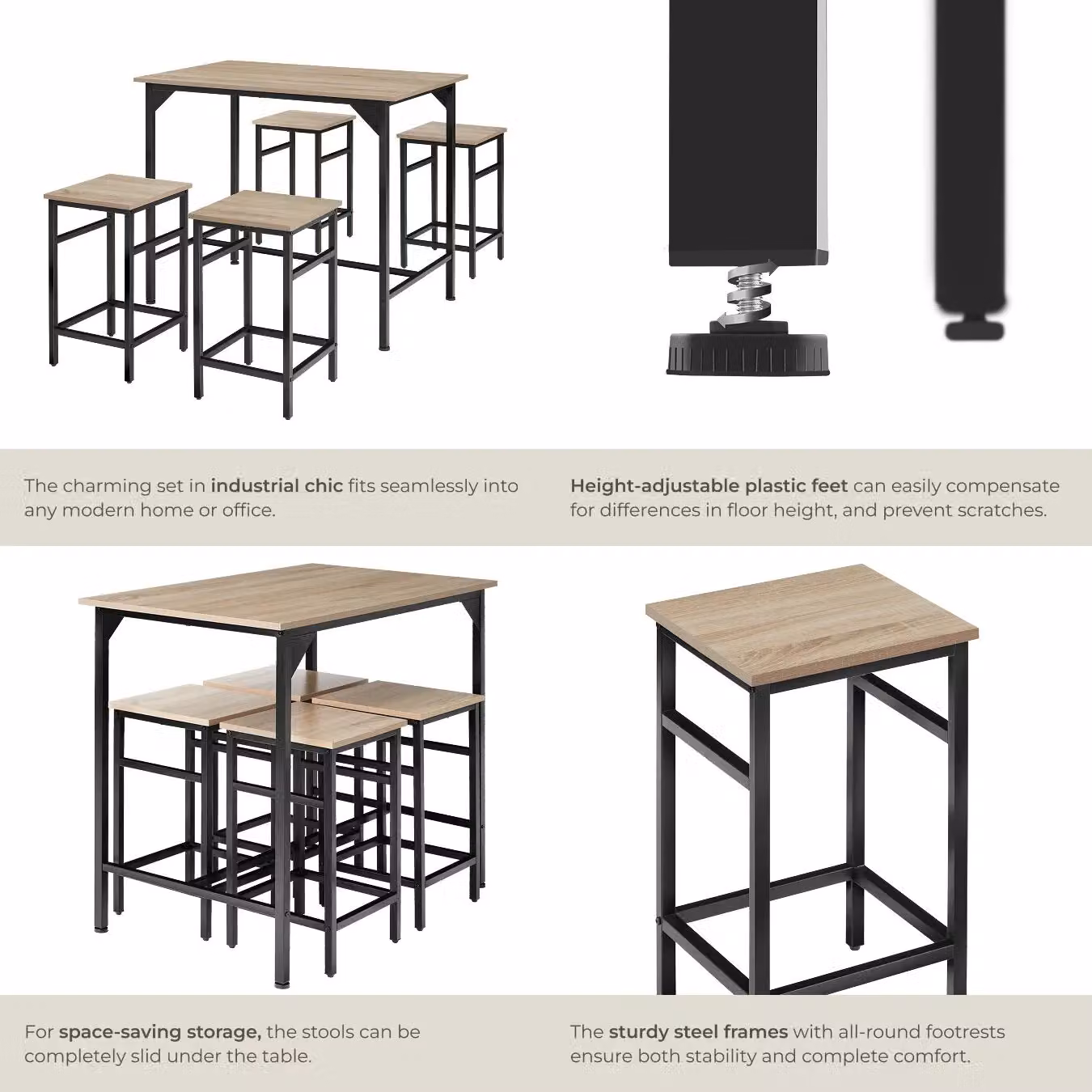 tectake Edinburgh Dining Table and 4 Bar Stools Set in Light Oak – 5