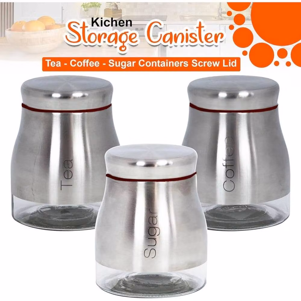 Pawnora Set of 3 Silver Kitchen Storage Canisters with Glass and Stainless Steel – 3