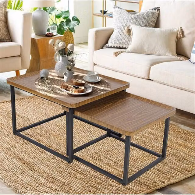 KORVIXA Square 2X Industrial Stacking Coffee Table with Brown Wooden Top, W: 100 cm x D: 100 cm