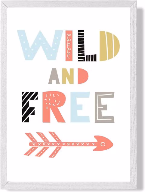 ARTZE Wild & Free Scandi Quote Framed Print, A2, White Frame, Pale Blue and Multicolour – 1