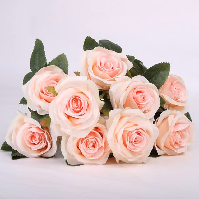 YnysTec 10 Head Silk Rose Artificial Flower Bouquet in Pink