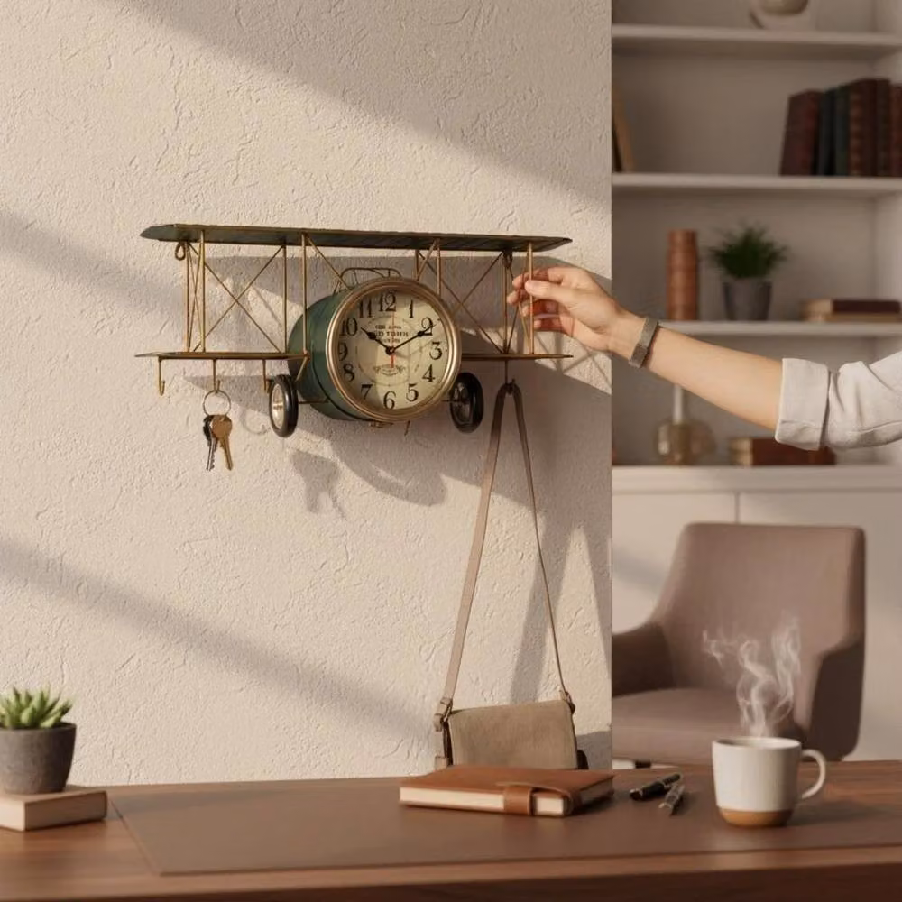 FORGEVIO Blue Retro Aeroplane Analogue Tabletop Desk Clock in Metal – 3
