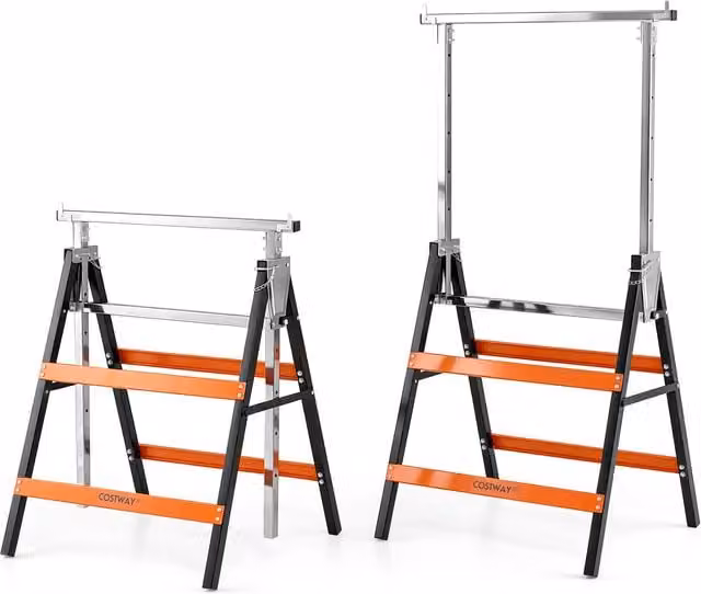 COSTWAY 2 Pack Adjustable Height Metal Sawhorse Set in Orange