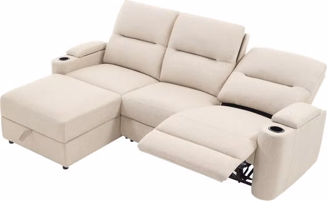 More4Homes Avery 3 Seater Electric Recliner Chaise Lounge Fabric Sofa in Beige with Cup Holders and USB Charging