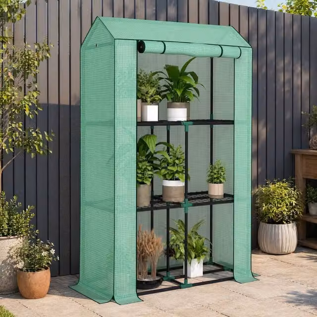 STILVORA Mini Freestanding Greenhouse with 3 Shelves and Steel Frame, Green, H 150 x W 73 x D 40 cm – 1