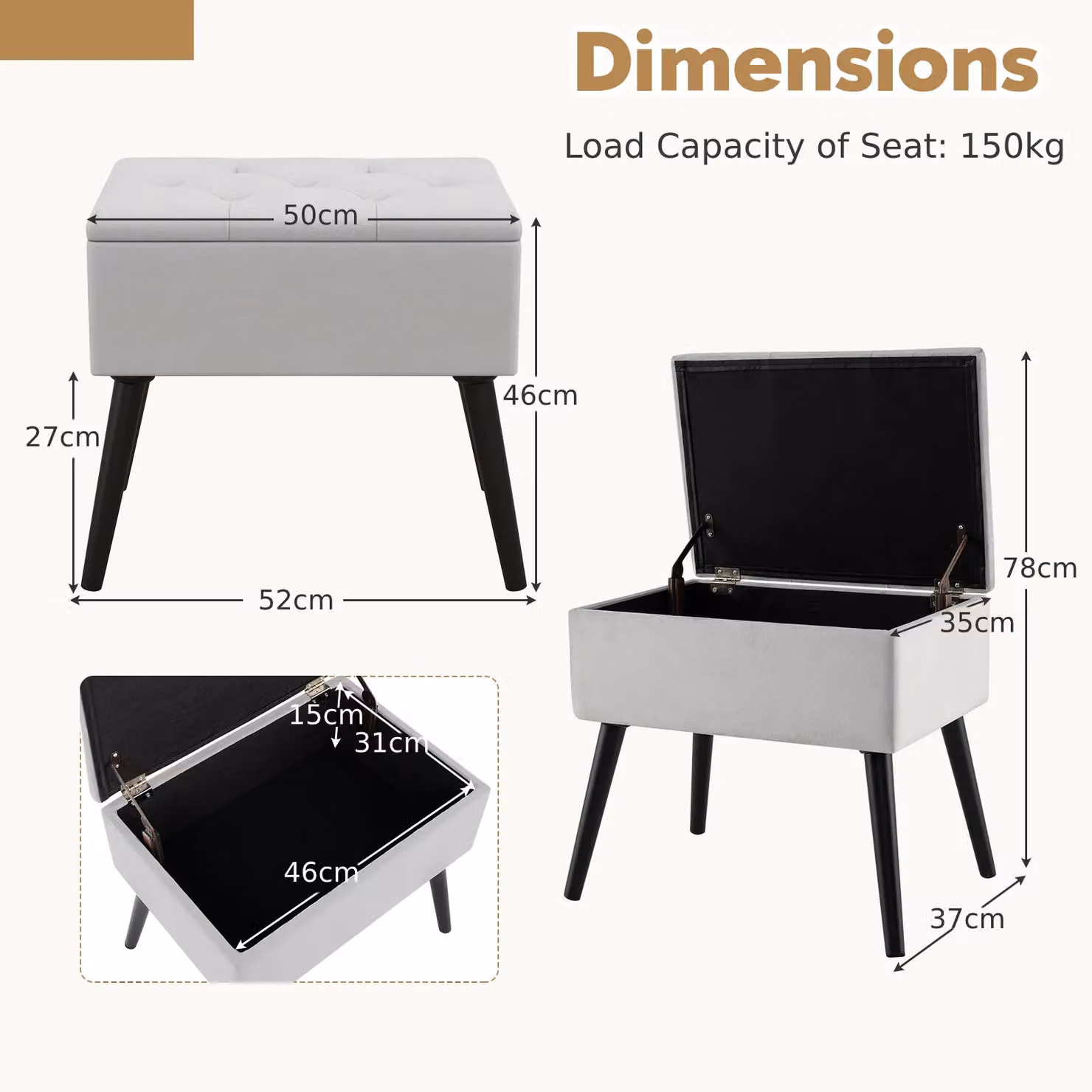 Costway Rectangular Velvet Upholstered Ottoman with Storage, Grey – 2