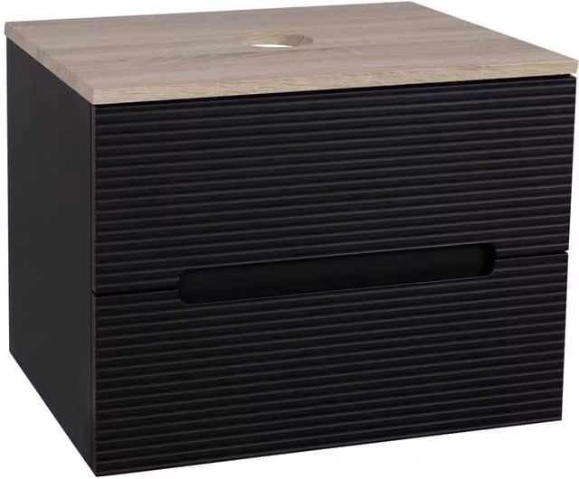 Bathroom Kingdom Monza Wall Hung Fluted Vanity Basin in Black and Oak, Width: 60 cm