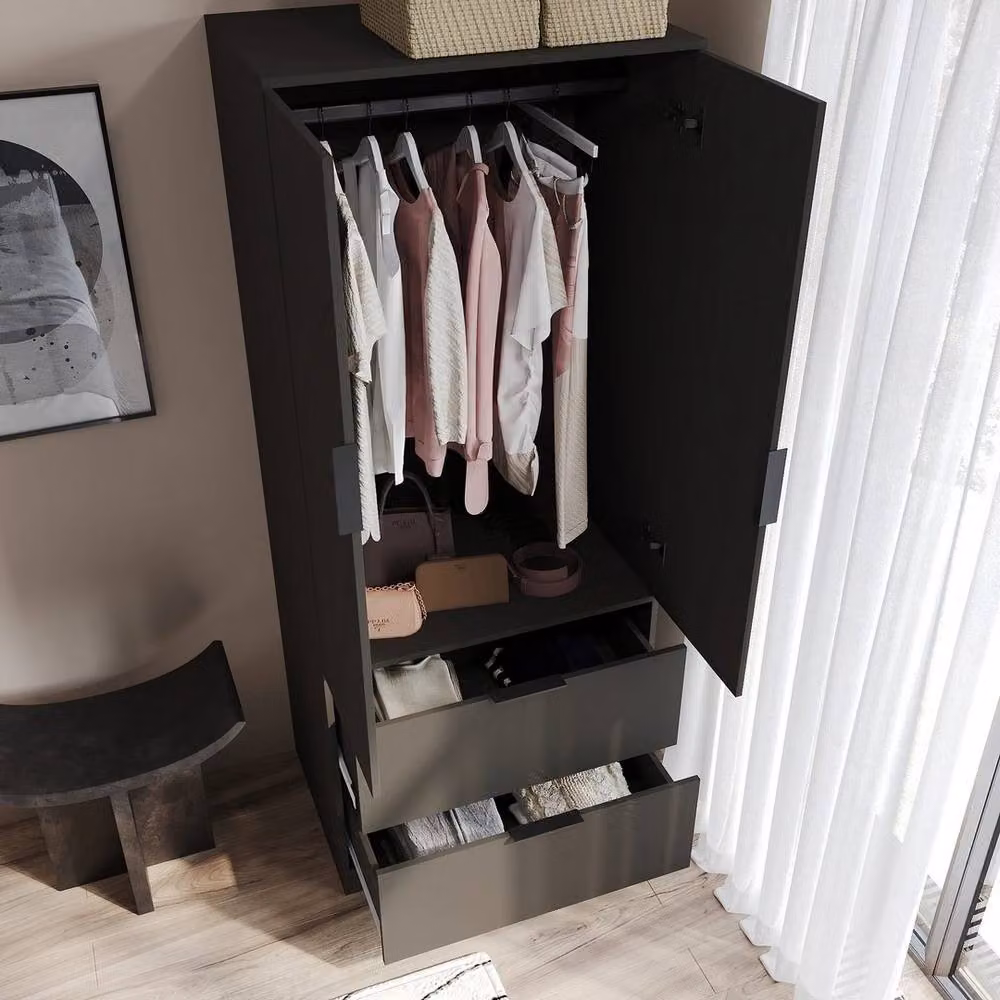 KORVIXA Black Minimalist Bedroom Wardrobe with 2 Doors and 2 Drawers, H 180 cm x W 100 cm x D 60 cm – 5