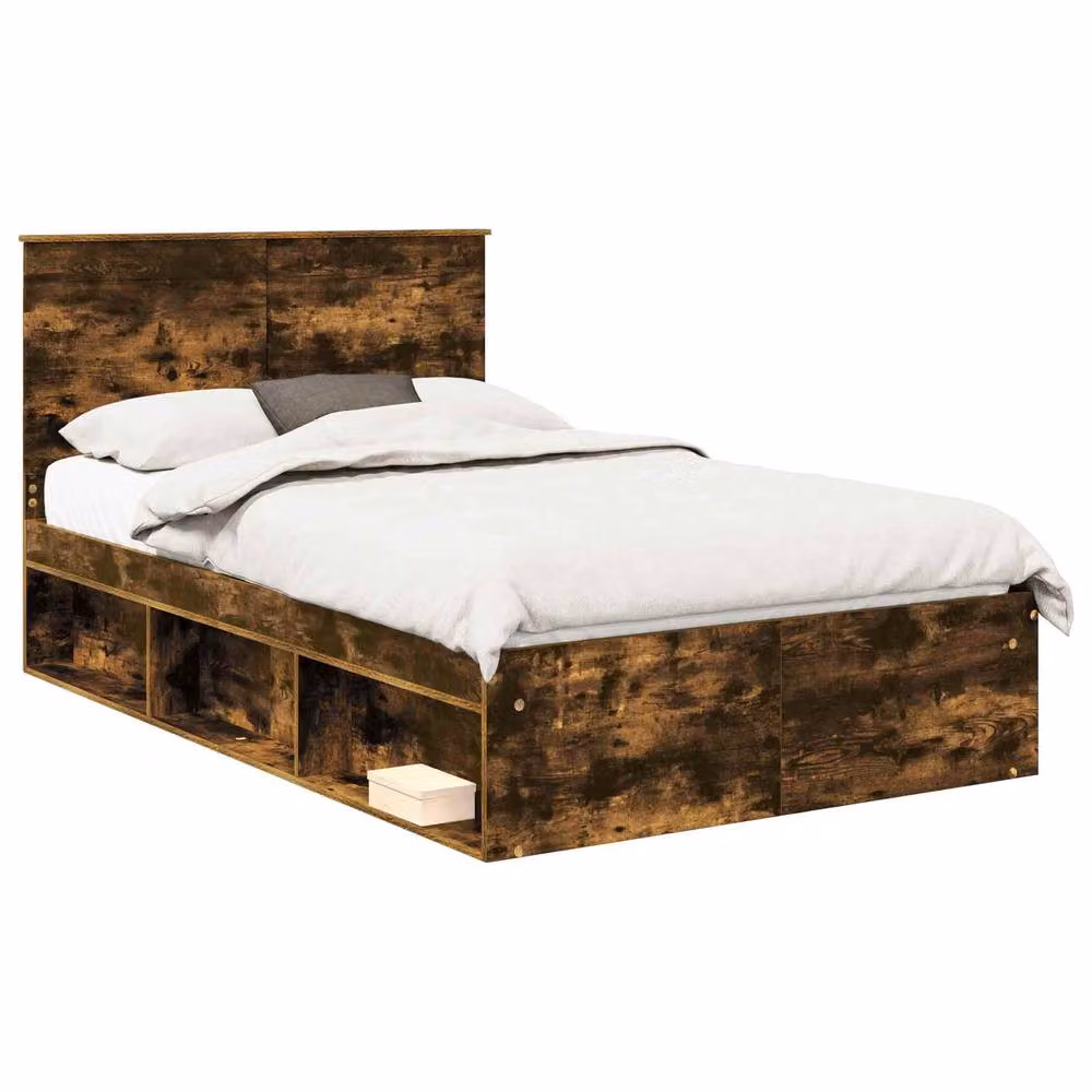 Berkfield Home Bed Frame with Drawers in Smoked Oak and Brown Solid Pine Wood, W: 120 cm, L: 190 cm – 2