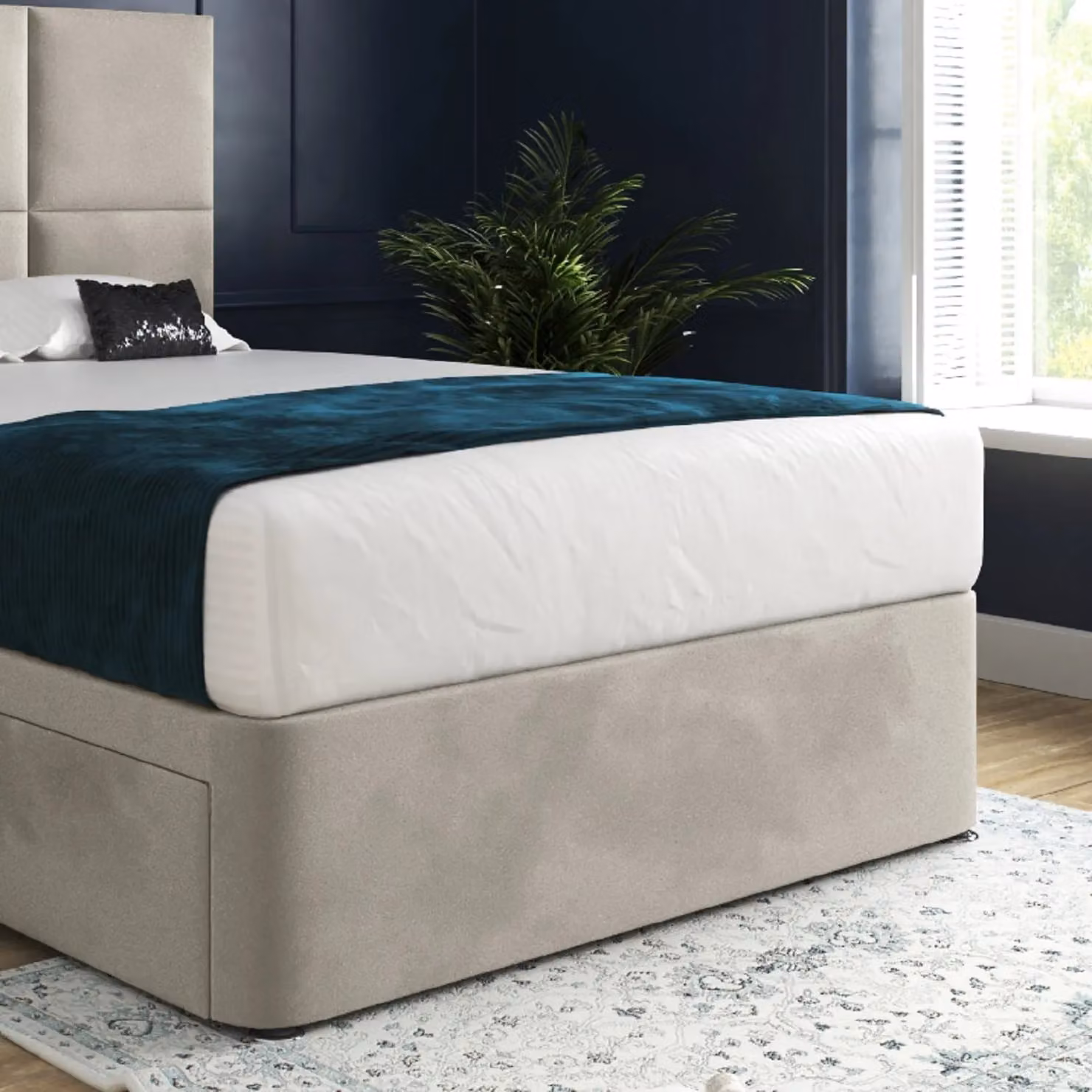 KDMD Dime Upholstered Floorstanding Headboard and Divan Designer Bed Frame with Drawers, Beige, W/D/H: 90 x 190 x 137 cm – 4