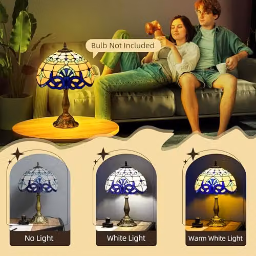 HOMCOM Tiffany Stained Glass Table Lamp in Blue with Antique Copper and Gold/Brass Finish – 4