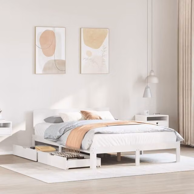 Berkfield Home White Pine Wood Bed Frame with Drawers, W/D/H: 160 x 200 cm