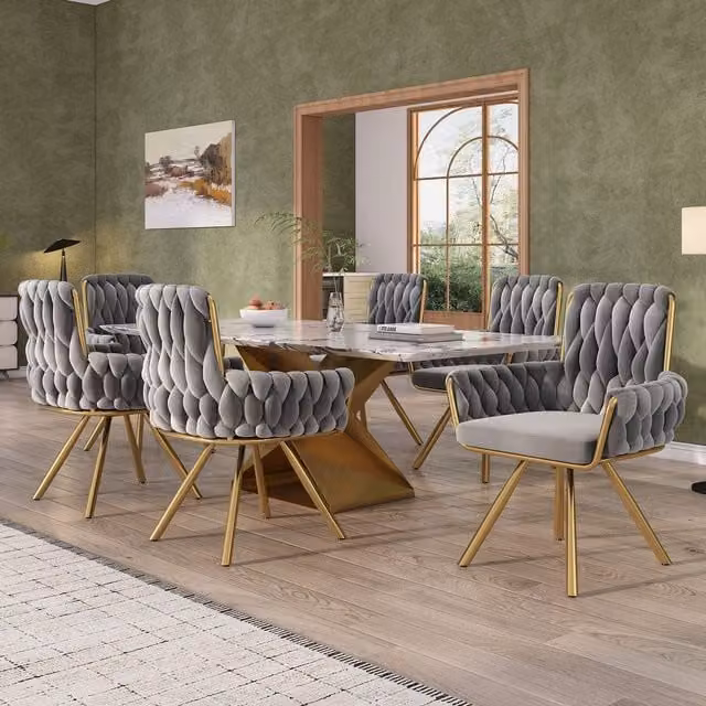 HomeTouch Set of 2 Grey Velvet Upholstered Swivel Kitchen Dining Chairs with Gold Metal Legs