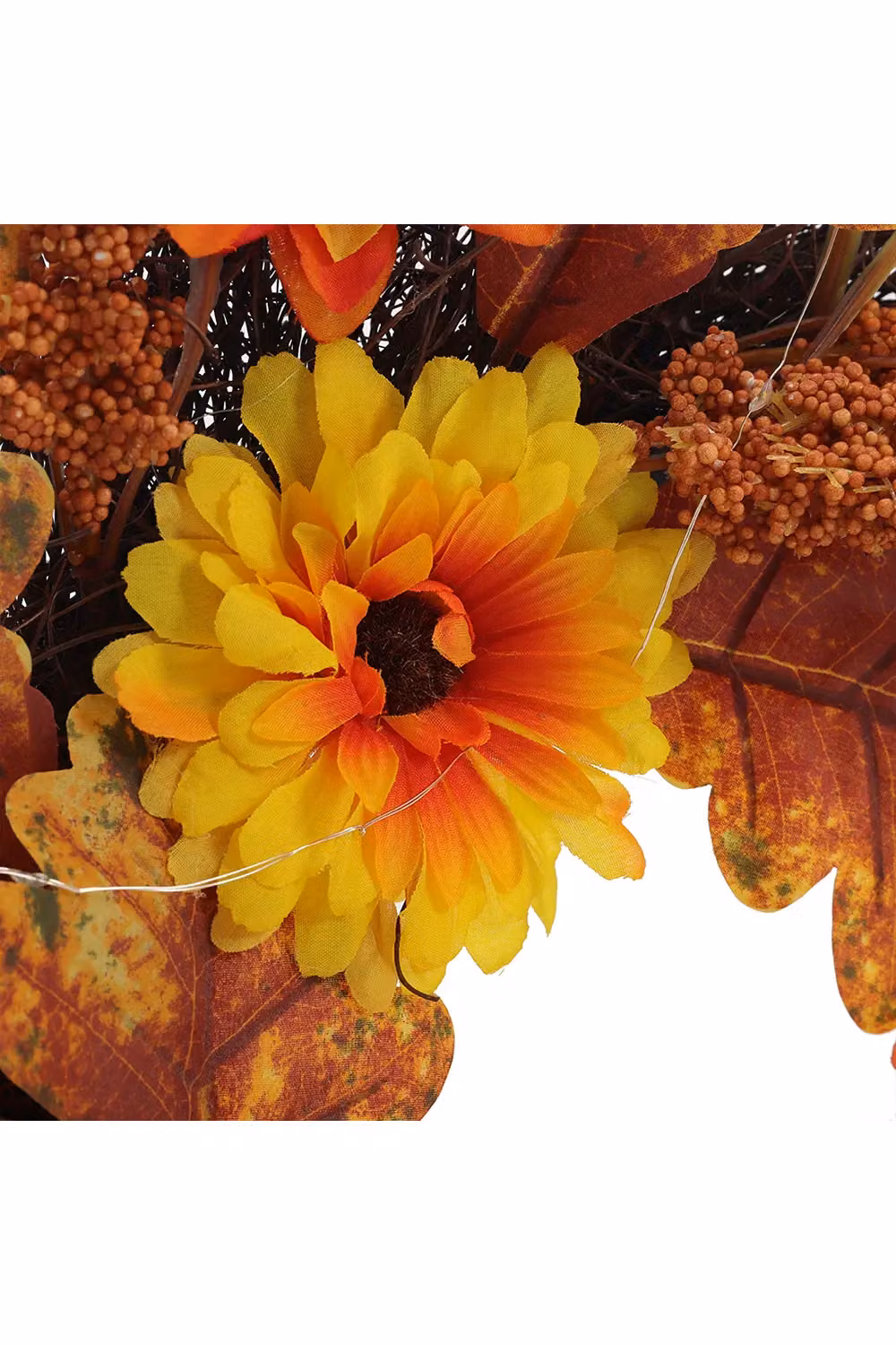 Living and Home Pre-Lit Autumn Wreath with Sunflower, Wheat and Maple Leaves in Brown, Diameter: 55 cm – 4