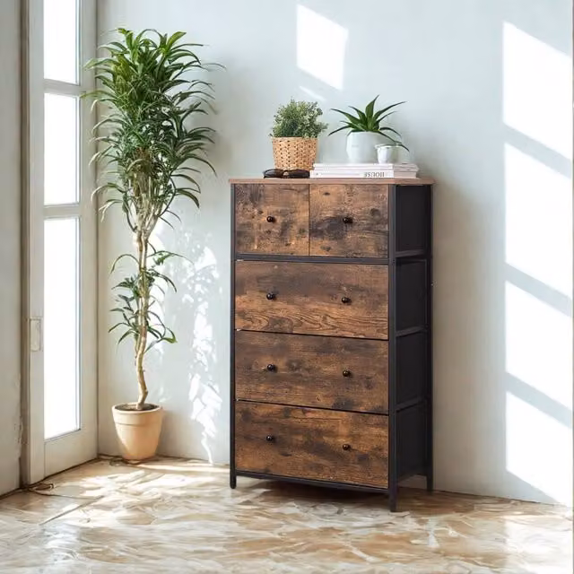 Pirlo Plush Industrial Rustic Brown Chest with 5 Fabric Drawers