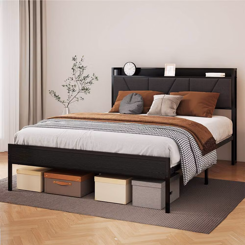 Levede Modern Upholstered Metal Bed Frame with Side Compartments and Headboard in Black, W/D/H: 140 x 200 x 135.5 cm – 3