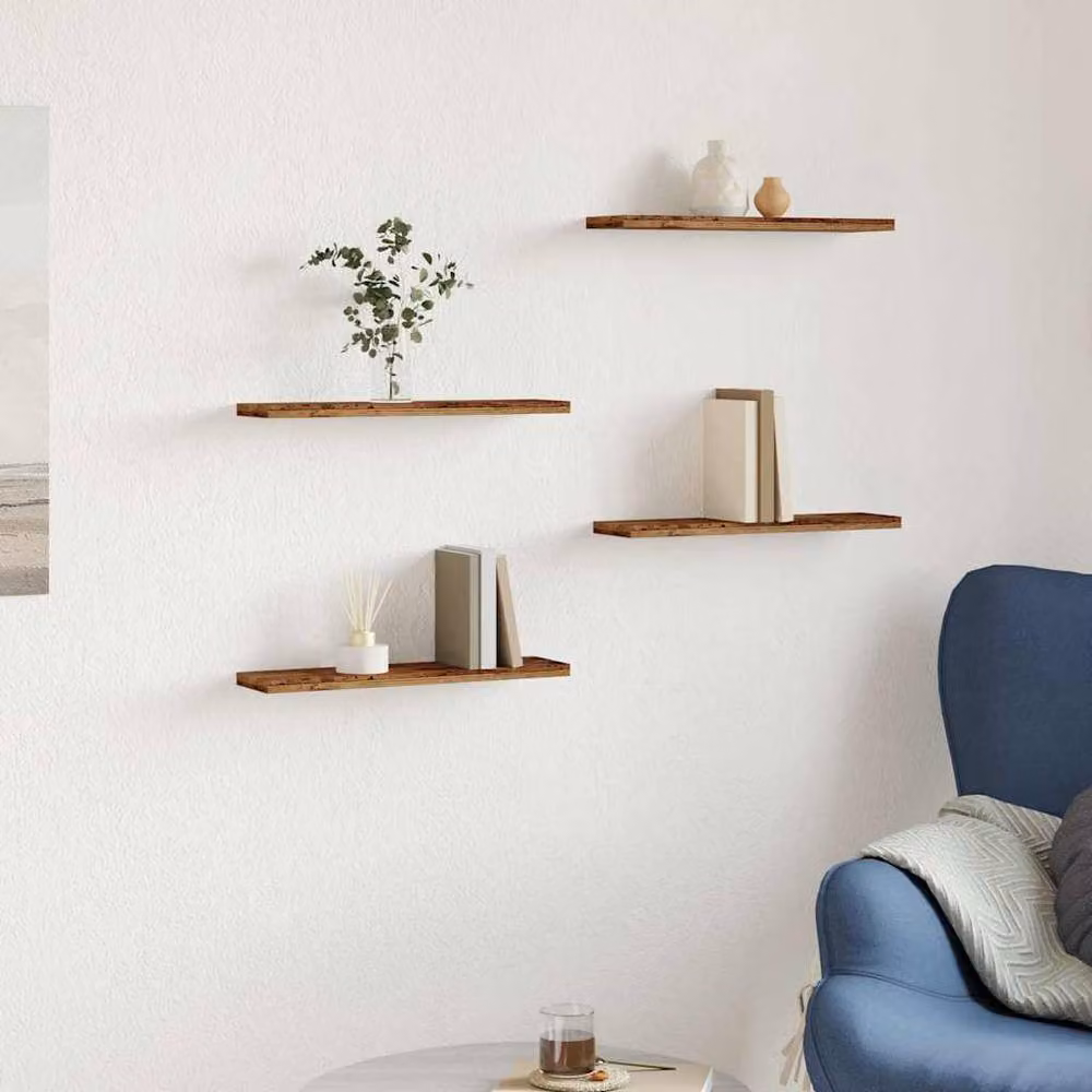 Berkfield Home Set of 4 Rustic Old Wood Wall Shelves in Brown, W: 40 cm, D: 20 cm, H: 1.5 cm – 2